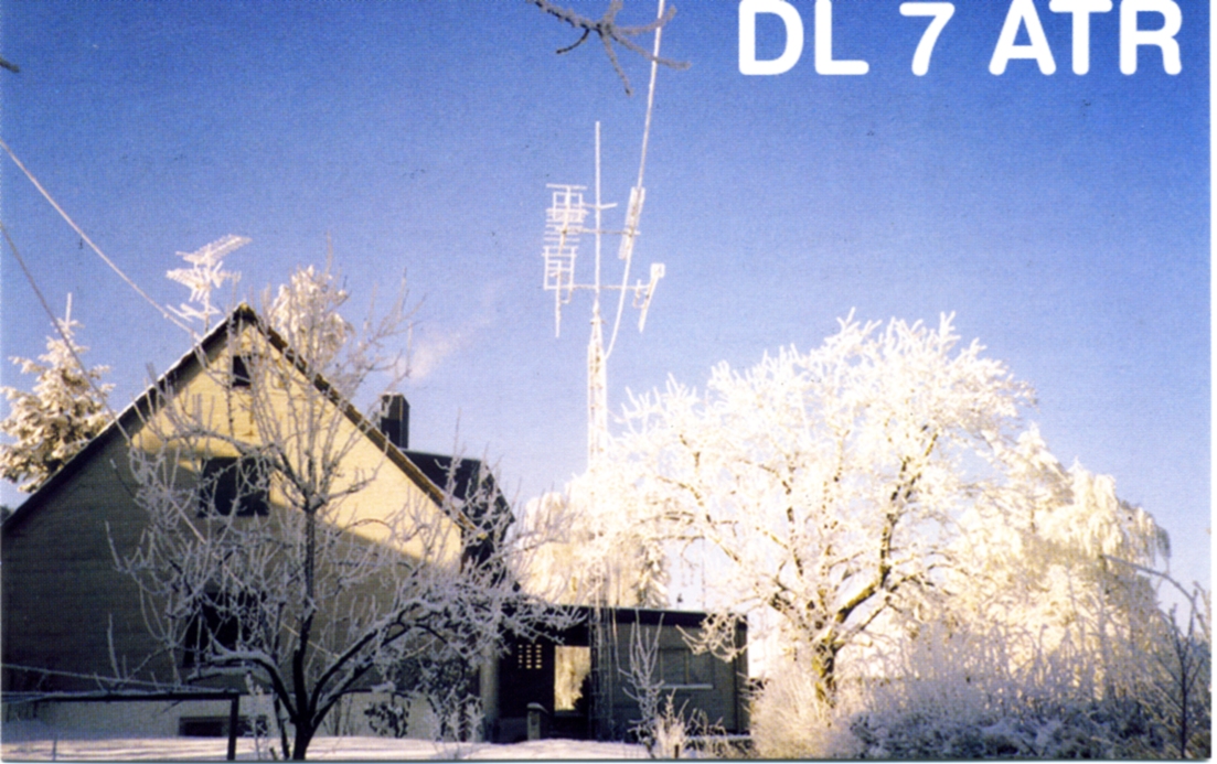 Zweite QSL Karte für das Rufzeichen DL7ATR, Wohnhaus mit Antenne im WInter